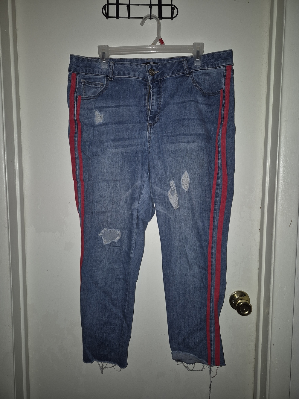 Charlotte Russe Blue Distressed Boyfriend Jeans with Red Side Stripes